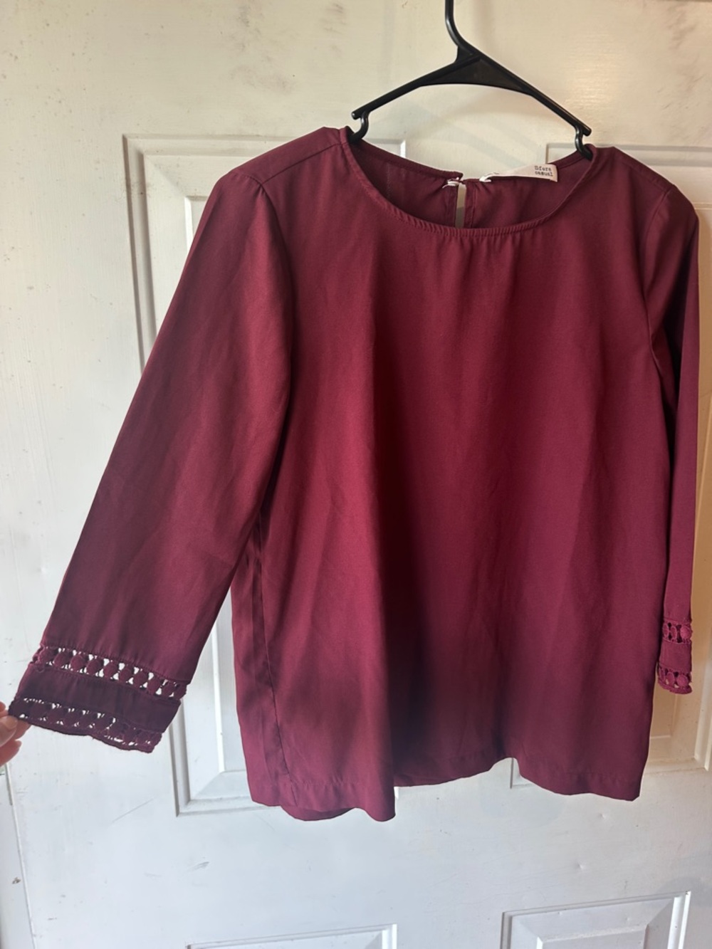 Women's Burgundy Long-Sleeve Blouse with Lace Trim